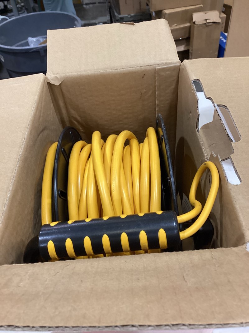 Condition photo showing Good Condition for suraielec 50 ft retractable extension cord reel, 12awg heavy duty power cord with handle rewind, 4 grounded outlets, usb-a & usb-c ports, 15a circuit breaker, etl listed for garage, workshop, jobsite 50ft 12awg