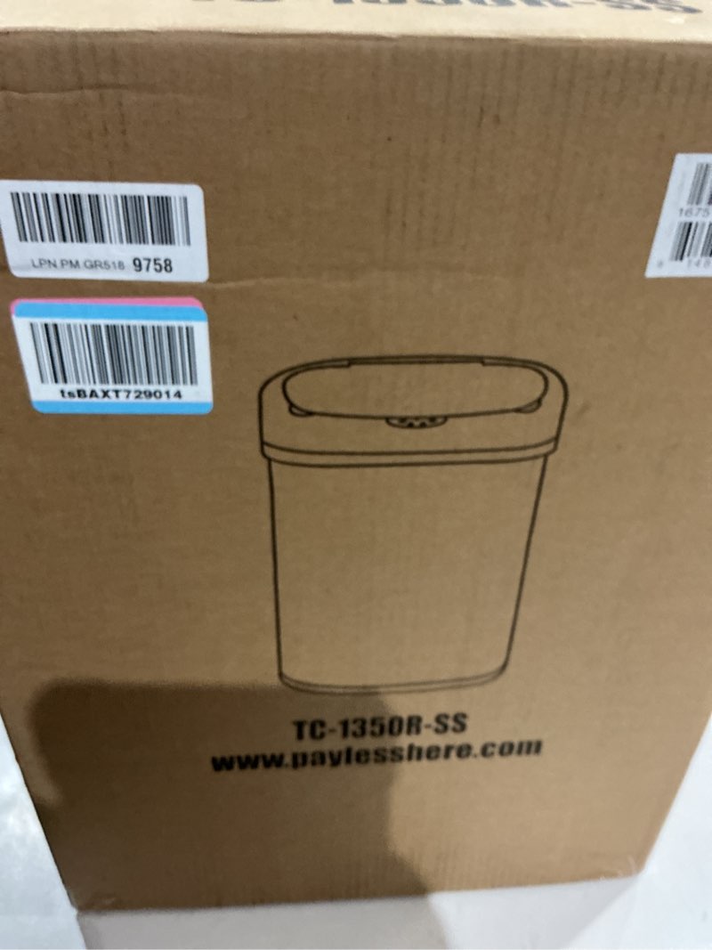 Condition photo showing New/Like New for bestoffice | 13 gallon trash can with lid | automatic touchless garbage can | odor control | modern oval design | easy to clean | stainless steel | fits any kitchen, bathroom, office or home stainless steel stainless steel