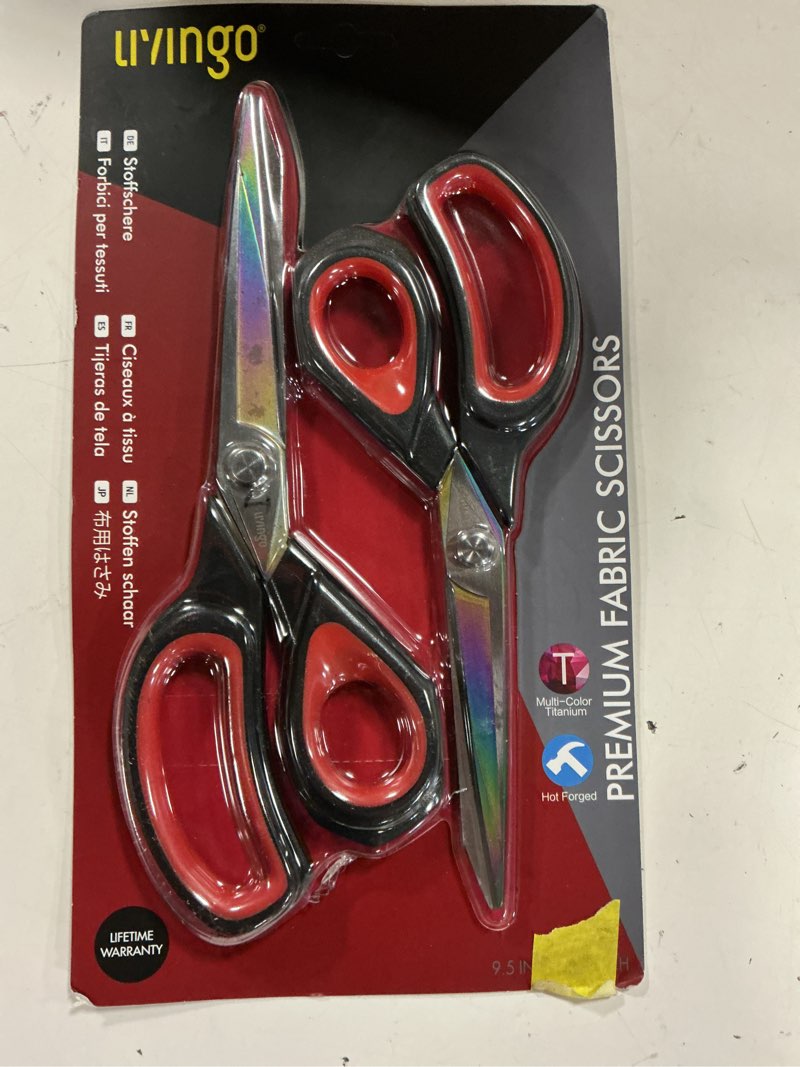 Condition photo showing Good Condition for livingo 2 pack premium tailor scissors heavy duty multi-purpose titanium coating forged stainless steel sewing fabric leather dressmaking comfort grip shears professional crafting (8.5 & 9.5inch) black & red