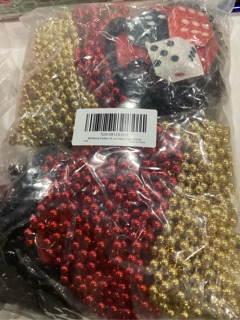 Condition photo showing New/Like New for 48 Pieces Casino Night Party Necklaces with Dice & Poker Chip Charms, Themed Decor for Vegas Parties, Game Night Favors in Gold Red and Black