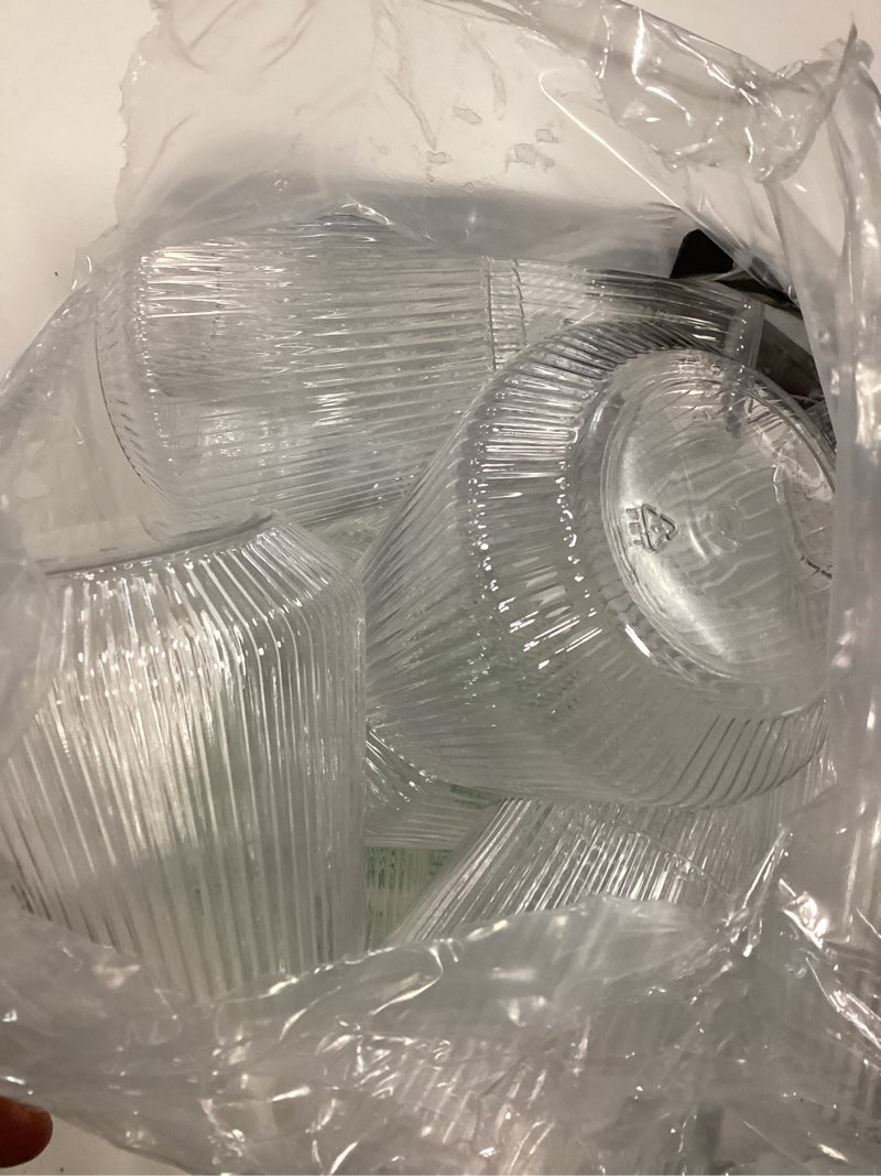 Condition photo showing As Is for 24 pack disposable ribbed origami ripple plastic champagne glasses set, 9oz stemless champagne flutes and 12oz cups, bpa-free shatterproof clear disposable cocktail glasses for party, wedding