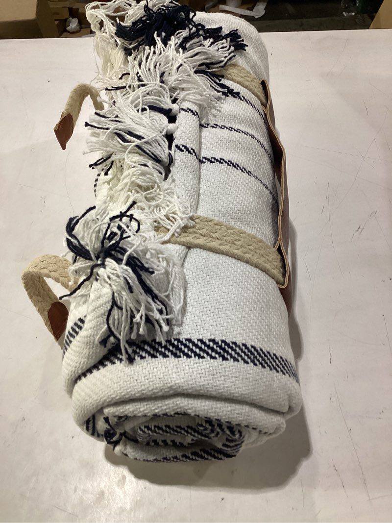 Condition photo showing Good Condition for picnic time montecito picnic blanket with harness, large 60" x 70" outdoor blanket, woven cotton top with water-resistant poly duck backing, sandproof beach mat for camping & travel (white & blue) white & blue stripe