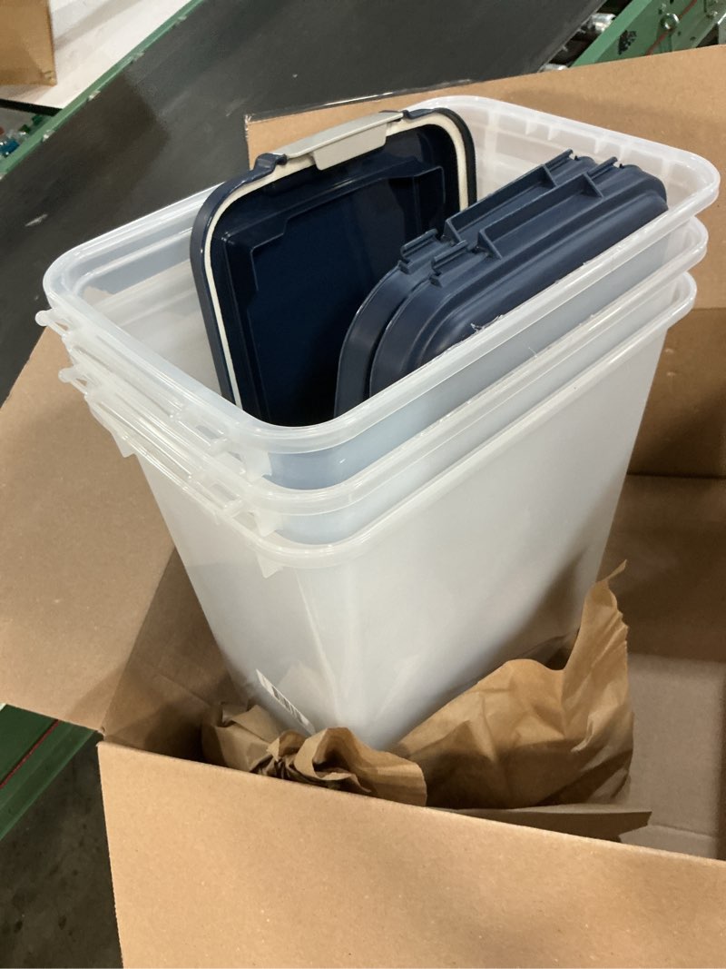 Condition photo showing New/Like New for iris usa airtight dog food storage container, up to 30 lbs, attachable wheels, for dog cat bird and other pet food storage bin, keep fresh, easy mobility, bpa free, navy 3pk