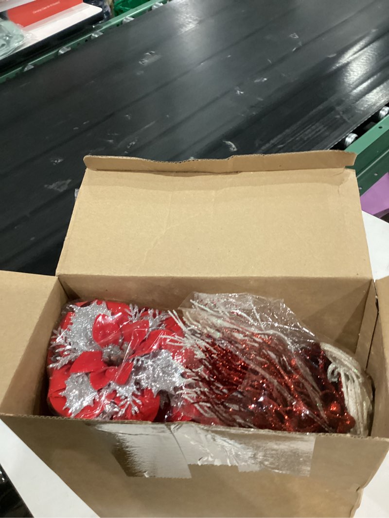 Condition photo showing Good Condition for 80 Pack Christmas Tree Decorations Set Red White Ornaments Bulk Include 12 Poinsettia, 30 Branches, 2 Woven Ribbon, 12 Icicle Hangings, and 24 Christmas Glitter Ball for Xmas Tree Decor Gift Classic