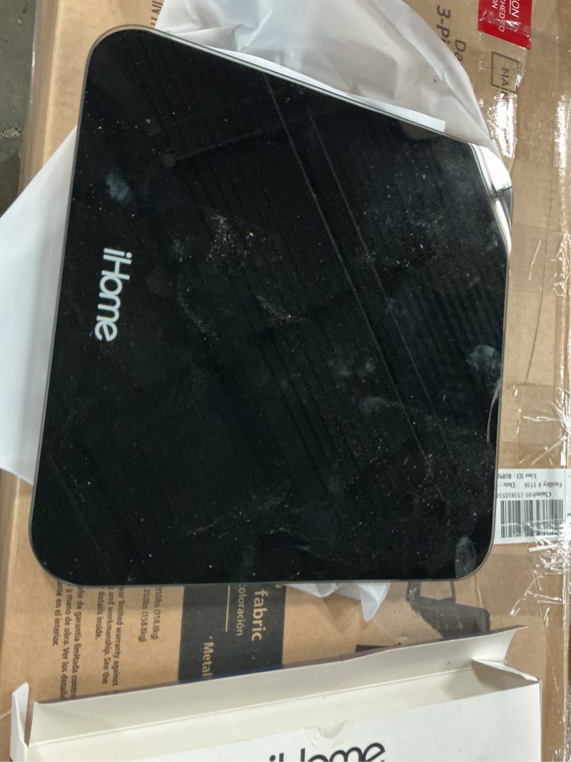 Condition photo showing As Is for ihome digital battery powered bathroom scale 397 lbs with fit+ personal coach app, fsa and hsa eligible, black