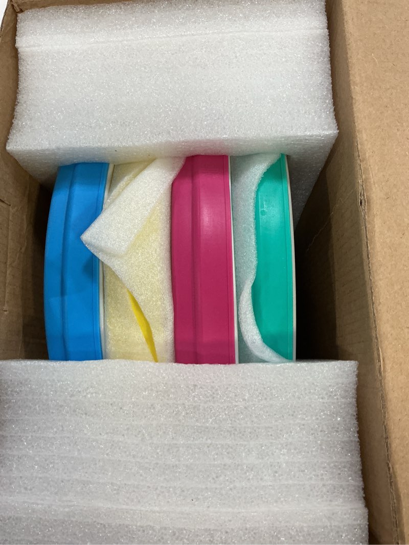 Condition photo showing New/Like New for Elk and Friends Kids 7.8” Porcelain White Plates with Silicone Sleeves | Suitable for Babies/Toddlers | Microwave & Dishwasher Safe | Non Slip Dinnerware | Snack Dishes | 4 Pack Pink/Teal/Blue/Yellow 7.8" Non Divided (Sleeve)