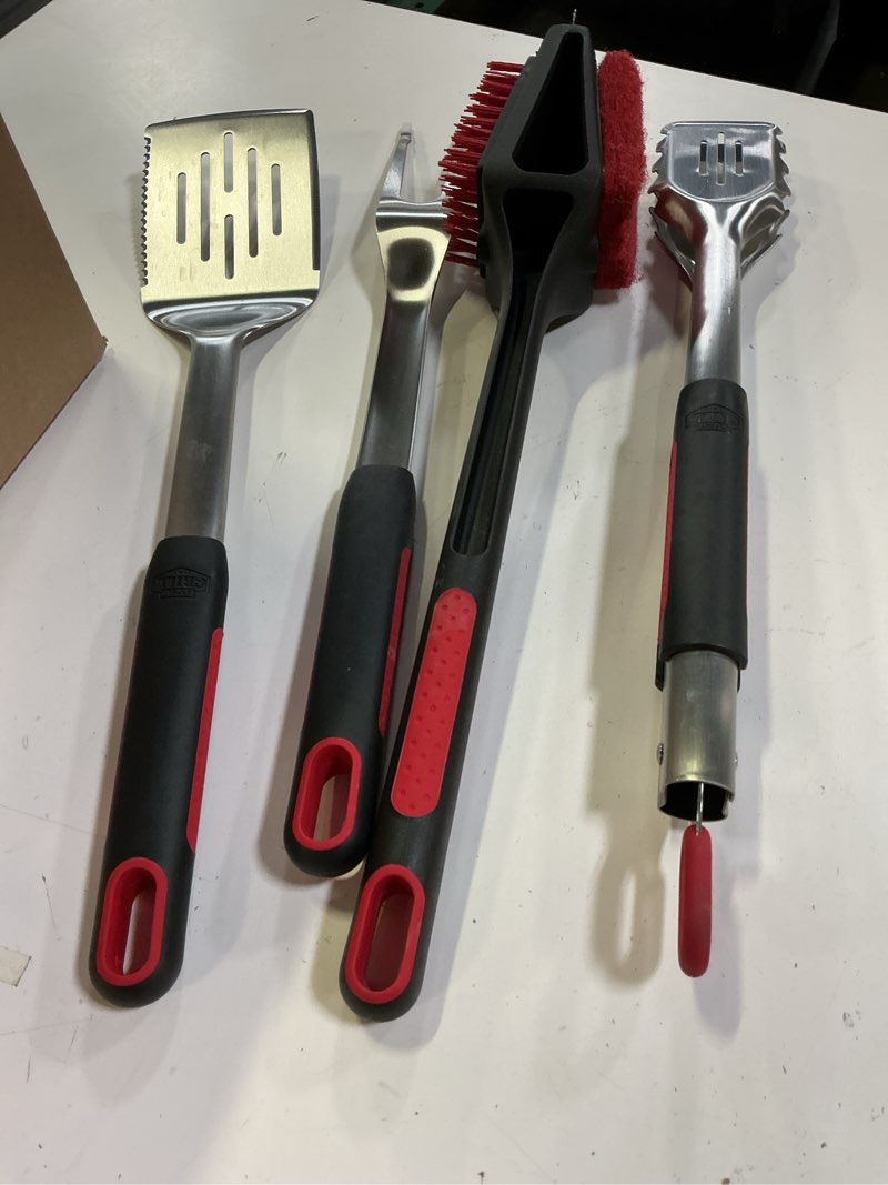 Condition photo showing As Is for expert grill stainless steel 3-piece bbq tool set with soft grip handles,include spatula,tong, fork