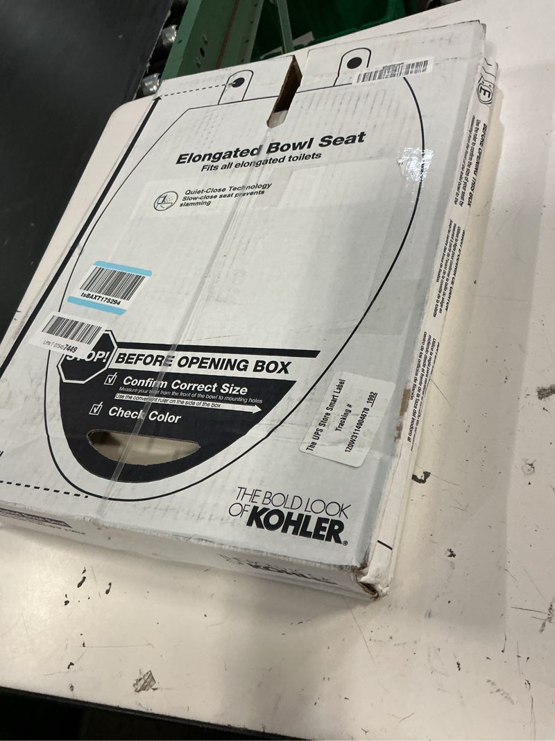 Condition photo showing New/Like New for kohler 20110-96 brevia, slow close toilet seat, elongated toilet seat, grip-tight bumpers quick-attach hardware, biscuit biscuit elongated quiet-close
