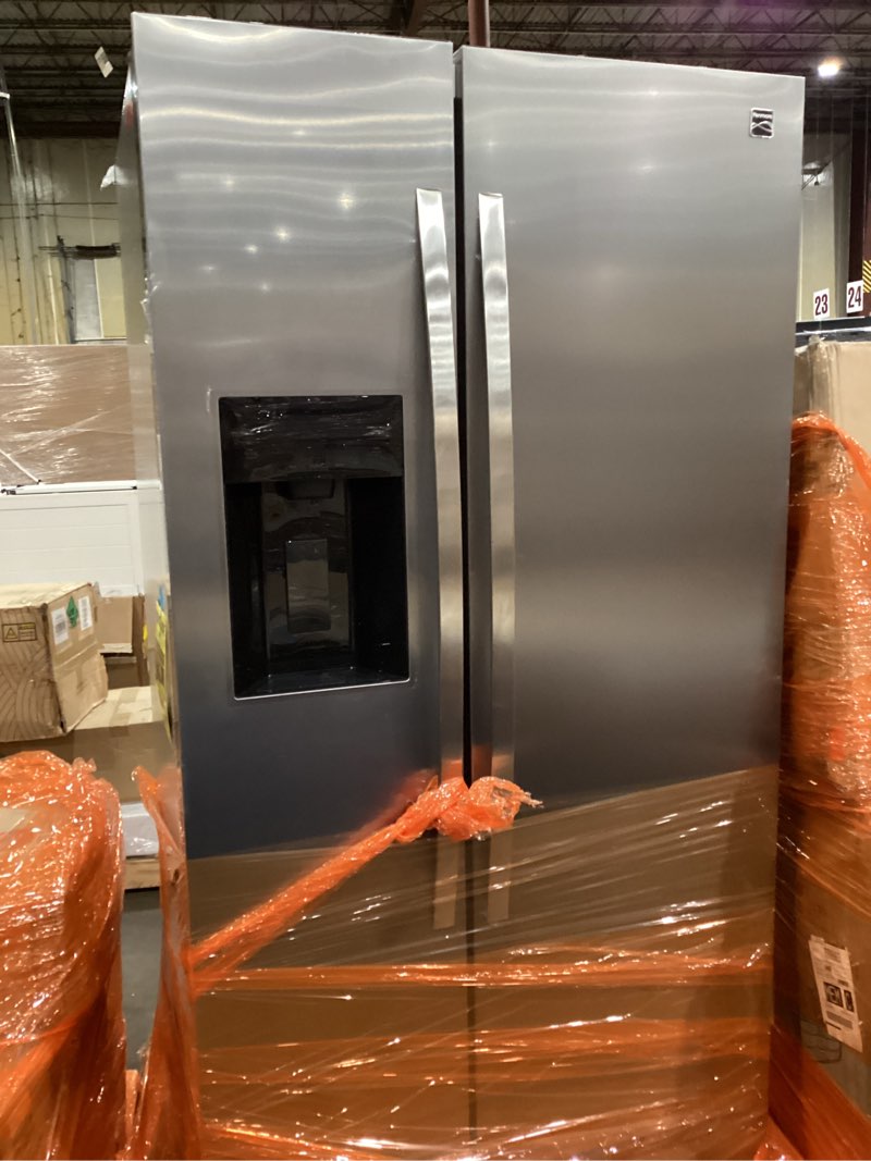 Condition photo showing As Is for Kenmore 36" Side-by-Side Refrigerator with Freezer - Accela Chill, Water & Ice Dispenser, Adjustable Glass Shelves, ENERGY STAR Certified, 20 cu. ft. Capacity - Fingerprint Resistant Stainless Steel