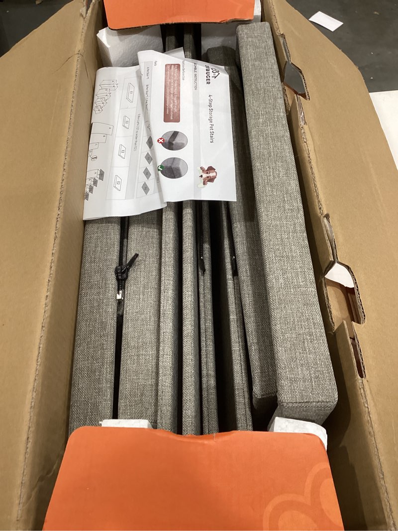 Condition photo showing As Is for dog stairs with storage 23" h, 4-step wider dog steps for high beds window, folding sturdy pet stairs gift for injured old dogs cats, ramp for climbing car up to 200 lbs,(gray, no condo) gray 4 steps no condo(43"d x 17"w x 23"h)