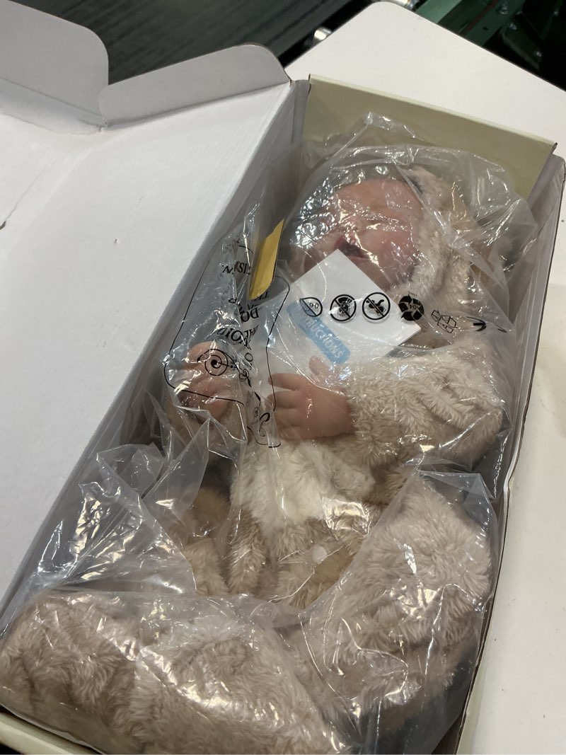 Condition photo showing New/Like New for babeside drink and wet reborn baby doll – 17 inch realistic sleeping newborn, can drink water & pee, full body soft vinyl real life baby doll girl in bear outfit, for kids age 3+