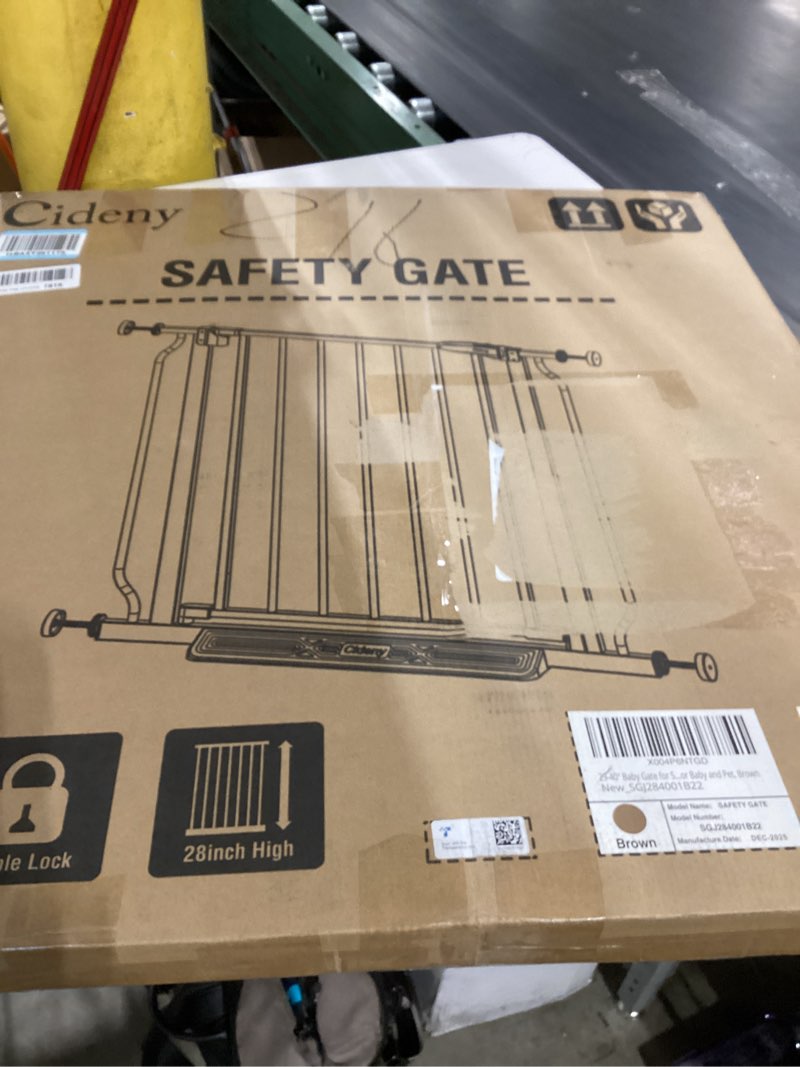 Condition photo showing New/Like New for 29"-40" baby gate for stairs, auto close stroller friendly dog gate indoor for doorways, pressure mounted baby gate, easy walk through gate for children & pets, brown