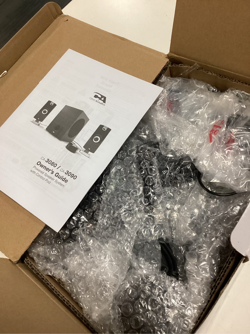Condition photo showing New/Like New for cyber acoustics ca-3090 9 watts total rms 2.1 3 piece flat panel design subwoofer & satellite speaker system