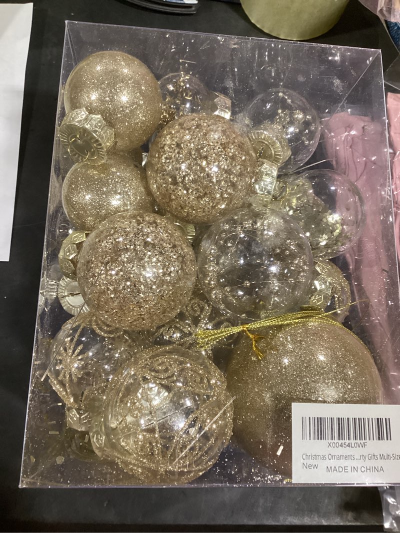 Condition photo showing Good Condition for Christmas Ornaments Set, 30ct Clear Champagne Christmas Ornaments for Christmas Decoration Large Shatterproof Plastic Balls Xmas Tree Ornaments for Home Decor Wedding Party Gifts- Multi-Size