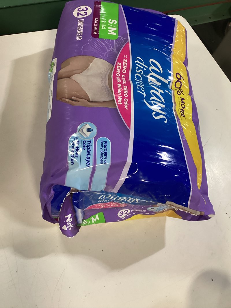 Condition photo showing Good Condition for always discreet, incontinence underwear, maximum absorbency, small/medium, 32 count