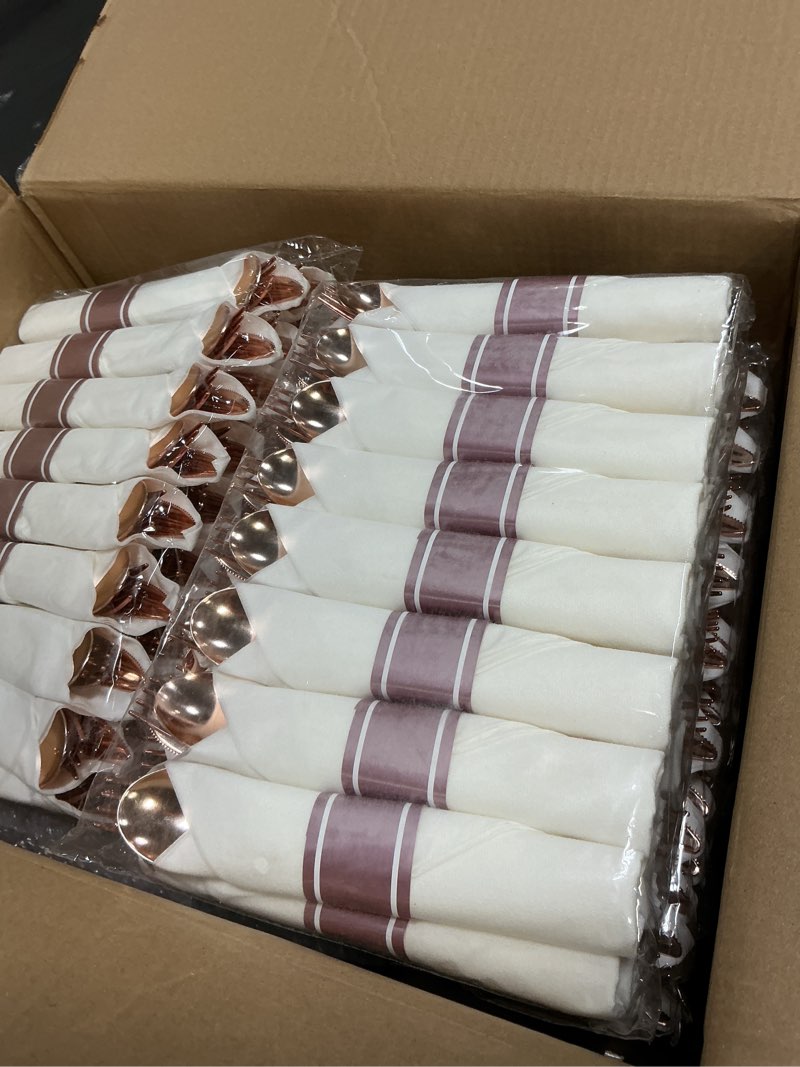 Condition photo showing New/Like New for goodluck 700 piece rose gold plastic dinnerware set for 100 guests, disposable plates for party, include: 100 dinner plates, 100 dessert plates, 100 pre rolled napkins with silverware, 100 cups rose gold 700 piece (100 guests)