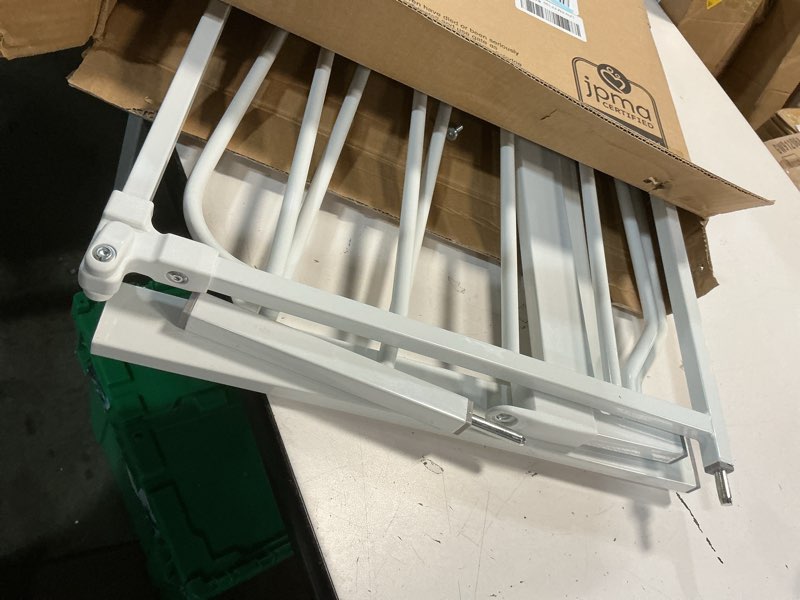 Condition photo showing As Is for regalo safety 38" baby gate for doorways & bottom of stairs, pressure mount design for babies, toddlers & pets, tested & safe for 30 years, american designed, american owned, white white 29-38.5"w x 30"h