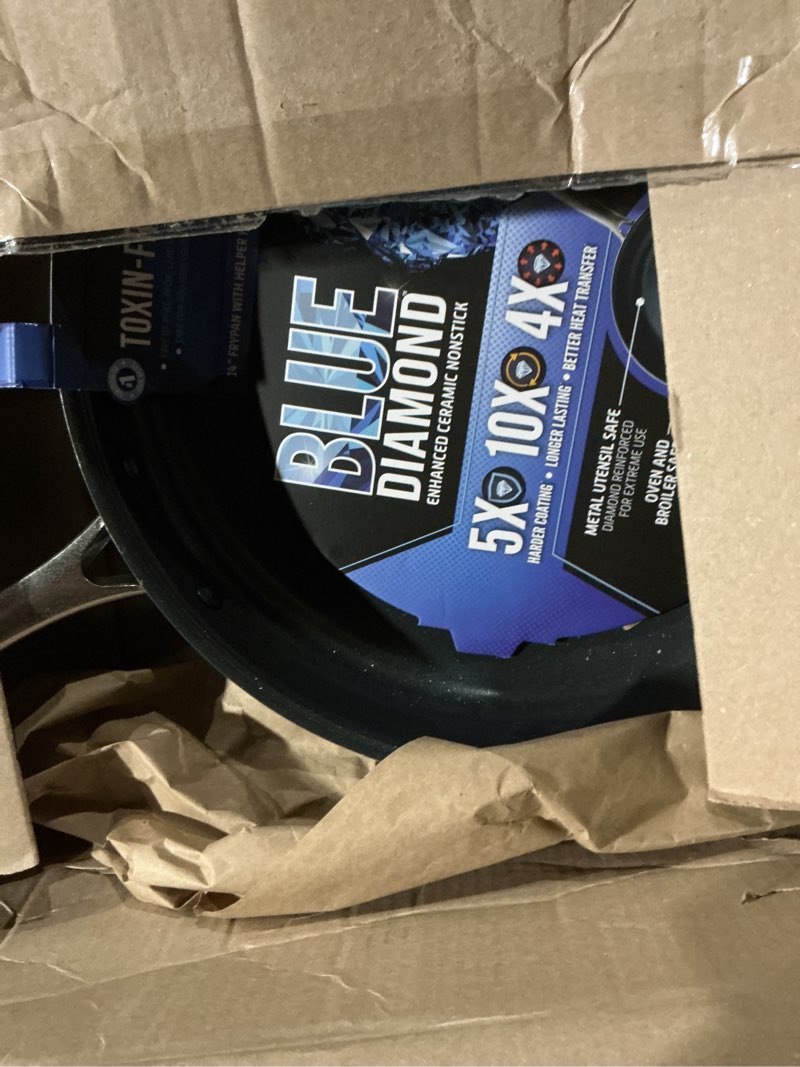 Condition photo showing Good Condition for Blue Diamond 14" Nonstick Frying Pan, PFAS Free Ceramic Family Pan, Jumbo Pan with Helper Handle, Diamond Infused Nonstick Skillet, Dishwasher & Oven Safe, Durable, Non Toxic, Metal Utensil Safe, Blue 14" Frying Pan Skillet Blue