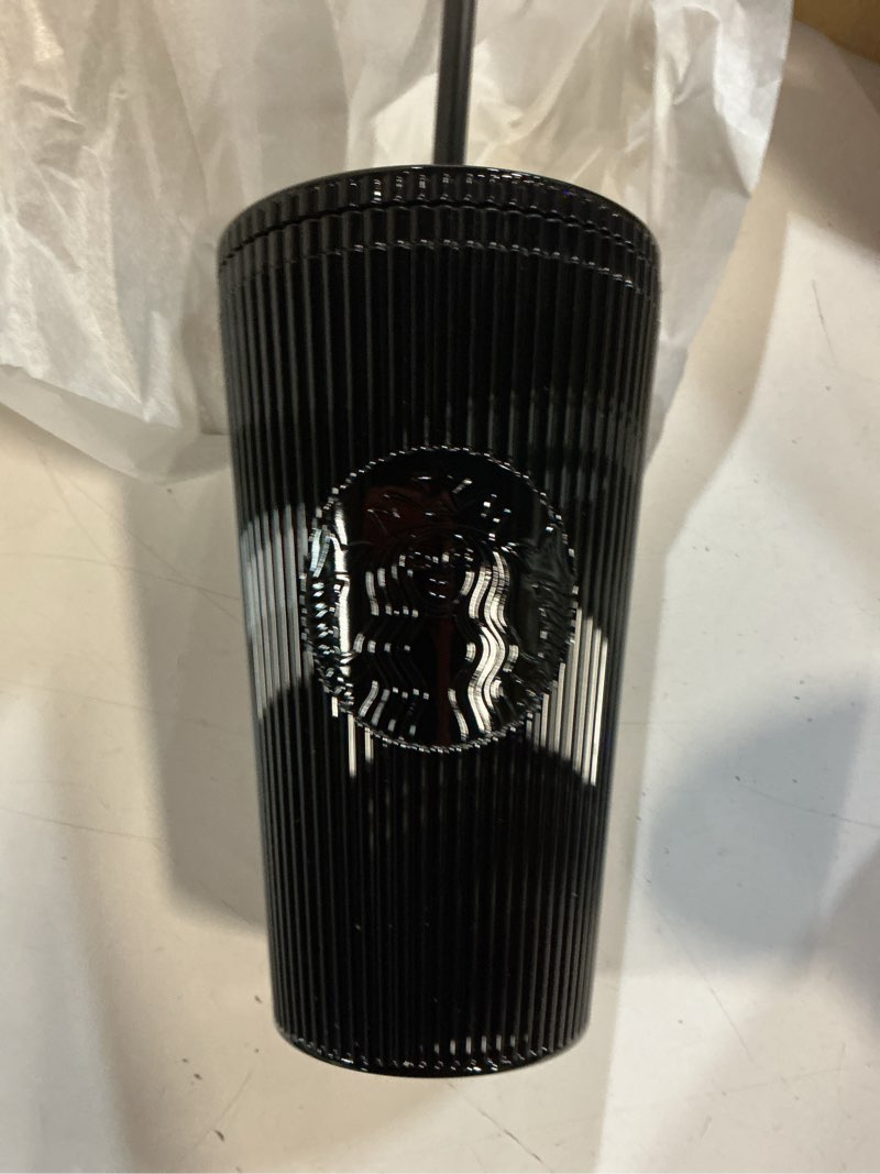 Condition photo showing New/Like New for starbucks shiny black pleated cup winter 2024 16oz cold cup