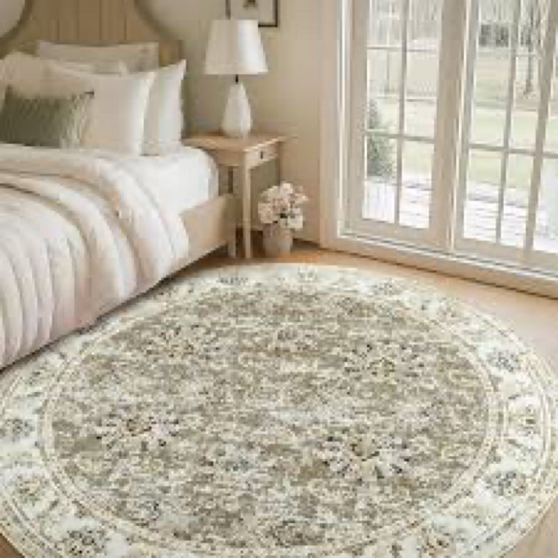 jinchan Round Rug 7ft Area Rugs, Vintage Floral Distressed Design Machine Washable Soft Non-Slip Low