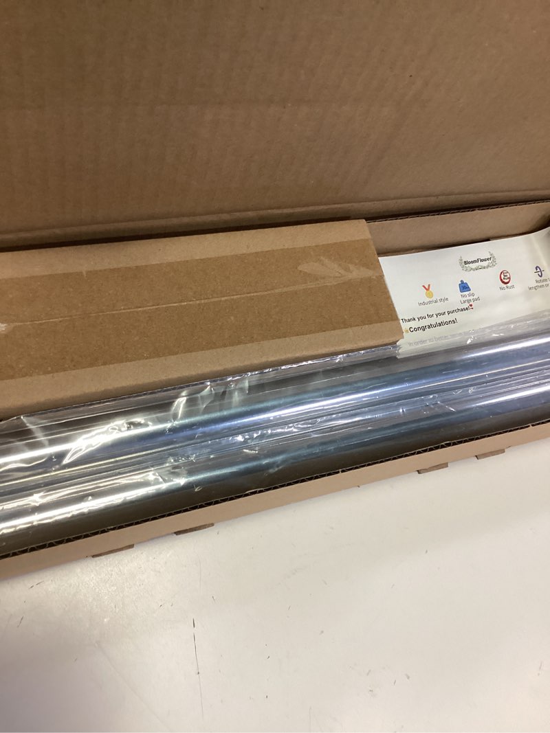 Condition photo showing New/Like New for chrome shower curtain rods, 18-72 inches, rust resistance, adjustable tension rod with durable spring, no drilling, use for bathroom, bedroom, kitchen, balcony, home