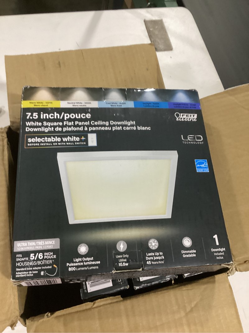 Condition photo showing Good Condition for feit electric 7.5 inch led square ceiling light, dimmable flat panel light with color selection (5cct), fits 5/6 inch recessed cans, tp24 adapter included (7.6\"x 7.6\"x 1.3\"), 4 pack, 74208/6wyca/4 5-6\" white square 4 pack