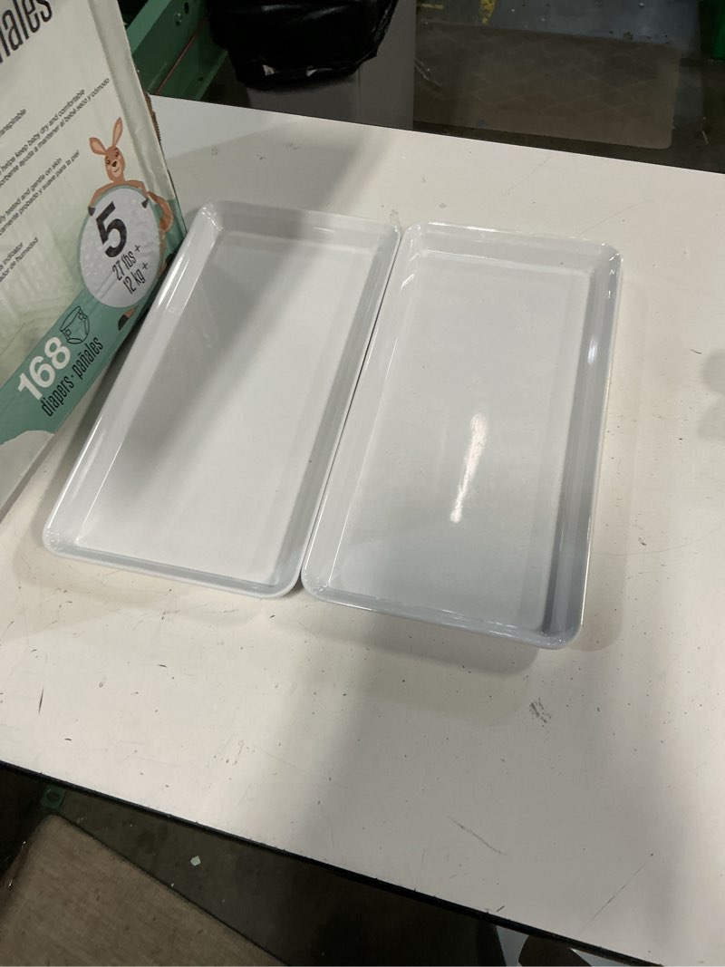 Condition photo showing As Is for 2 rectangle white plastic trays heavy duty plastic serving tray 12\" x 18\" serving platters food tray decorative serving trays wedding platter party trays great disposable serving party platters white