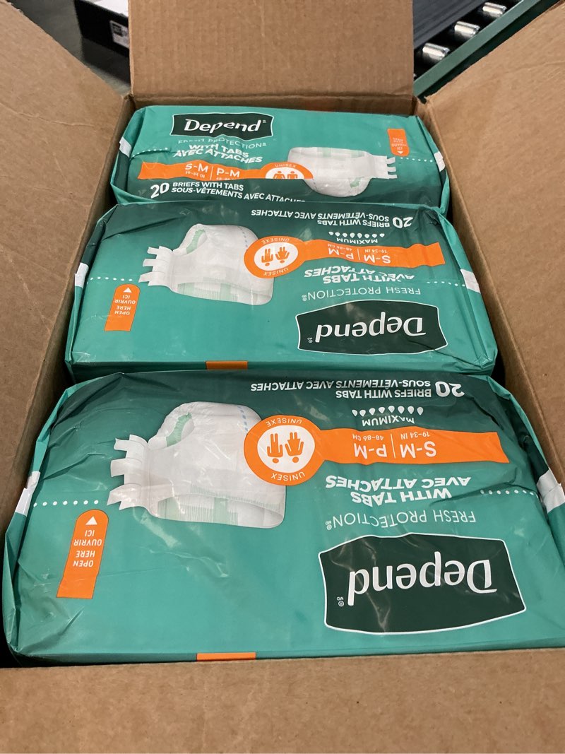 Condition photo showing Good Condition for depend adult diapers with tabs, incontinence protection with tabs, unisex, small/medium (19–34" waist, up to 170 lbs), maximum absorbency, 60 count (3 packs of 20) small/medium 60