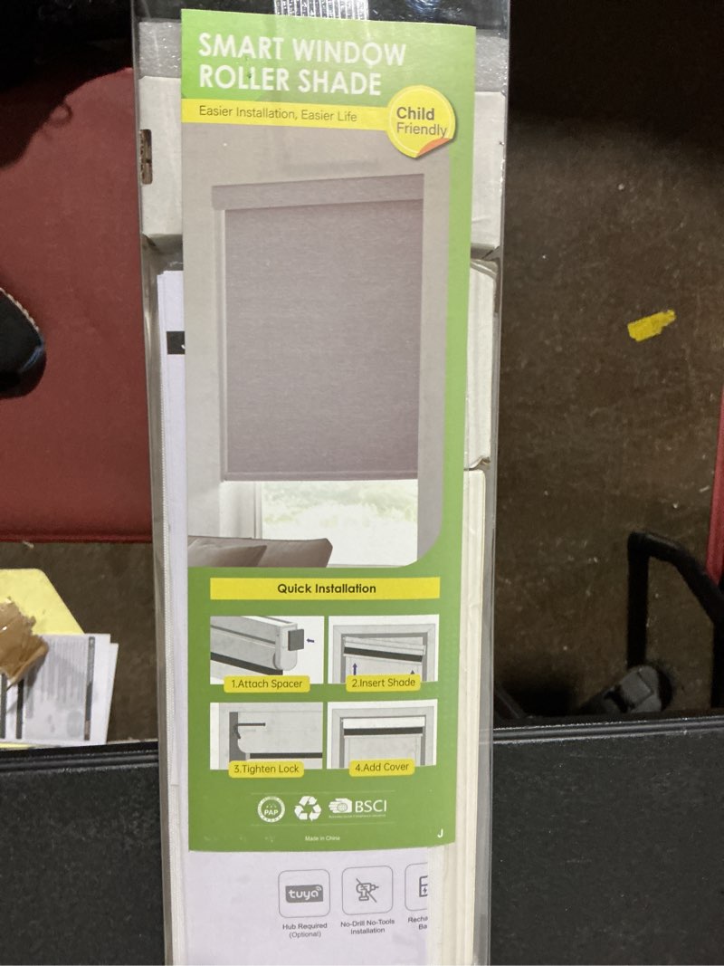Condition photo showing As Is for no drill motorized blinds with remote, blackout automatic blinds with solar panel, cordless smart el