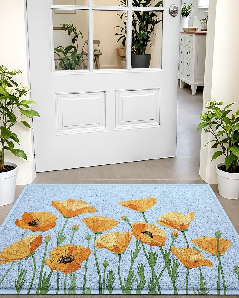 LUMI Spring Floral Door Mat, Low Profile Thin Mesh Doormats, Dirt Trapper Stain Resistant Welcome Ma