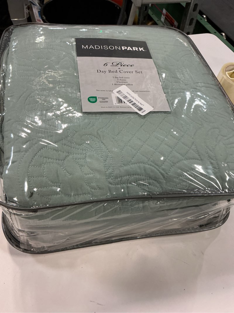Condition photo showing As Is for Madison Park Daybed Cover Set Damask Quilted Cover for Daybeds, All Season, Pre-Washed Cotton-Filled Coastal Bedding Scallop Edge, Shams, Bedskirt, Décor Pillows, Tuscany, Seafoam, 39"x75", 6 Piece 75"x39" Seafoam