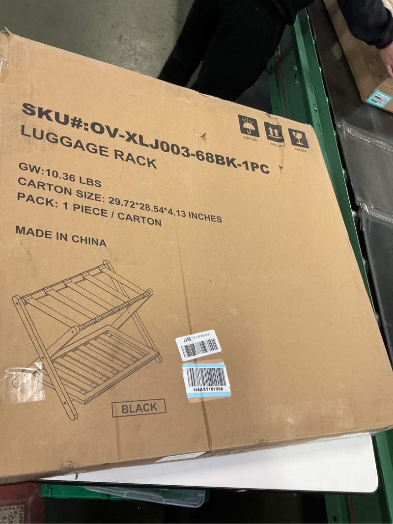 Condition photo showing New/Like New for Fully Assembled Black Luggage Rack for Guest Room, Bamboo Foldable Suitcase Stand with 5 Nylon Straps, Upgraded Luggage Rack Holder with Shelf for Bedroom Hotel, Holds up to 165 Lbs, 1pcs Black 1 Pcs