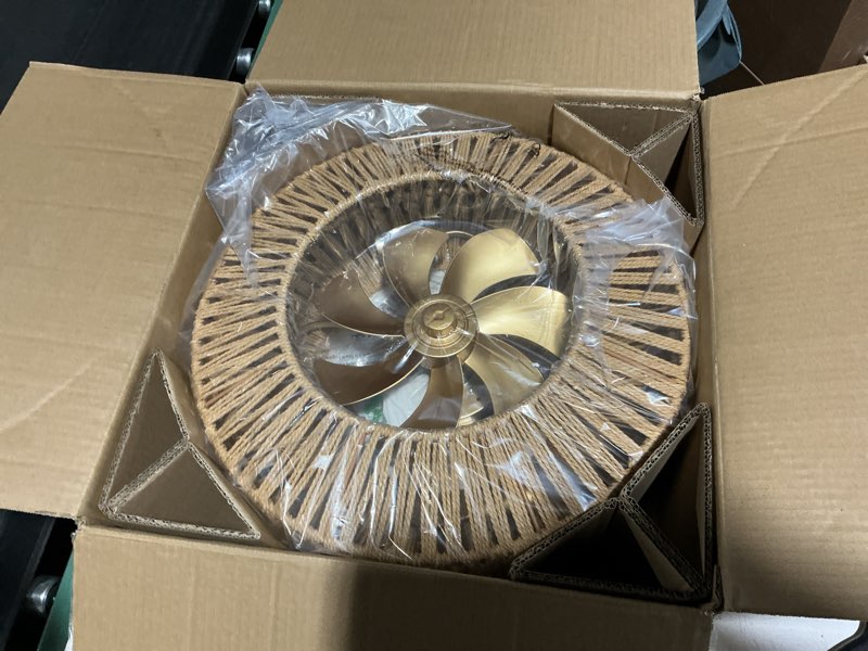 Condition photo showing New/Like New for 20" boho caged fandelier with lights flush mount rattan ceiling fan with lights and remote control, enclosed 6 speeds low profile fan light for bedroom, living room, kitchen 20 inch