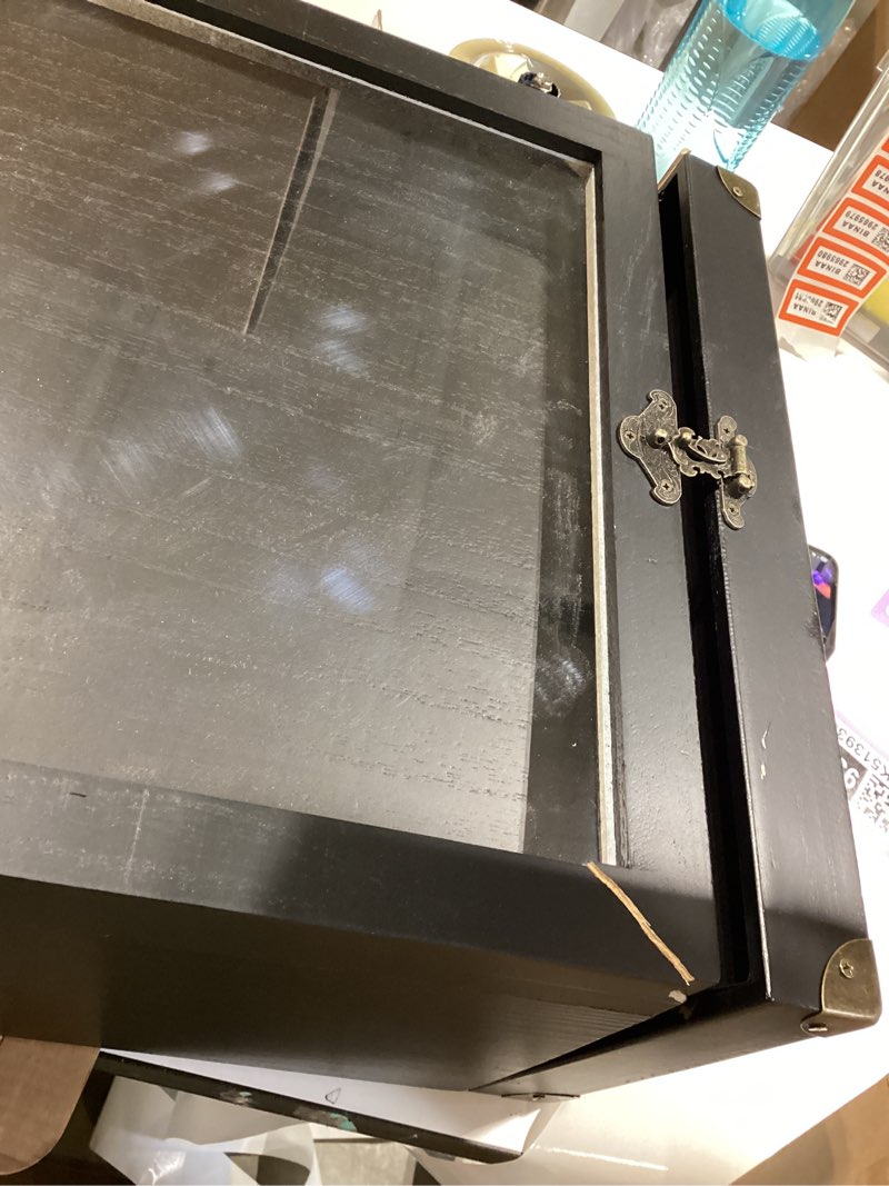 Condition photo showing As Is for liaakrr vinyl record storage box, solid wood record case with display window & secure latches, record holder fits 7/10 inch records, holds 30–40 albums, portable record organizer with handle-black