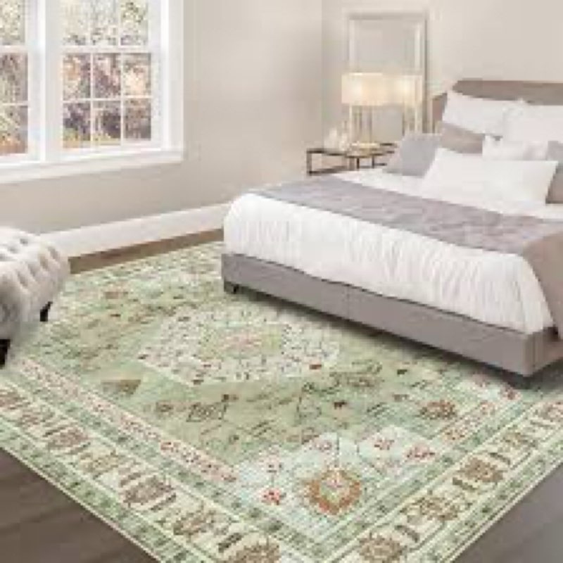 Washable Boho Area Rug 3'×5' Green Brown Large Living Room Rug Non-Slip Soft Oriental Vintage Bedroo