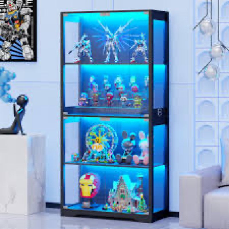Glass Display Cabinet, Curio Cabinet, Bookcase with 3 Color LED Lights, Black