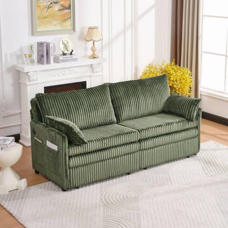 ( incomplete ) Vivian Modern 73 in. Green Corduroy Convertible Pull-Out Sleeper Full Size Sofa Bed with USB Port, Storage Pockets
