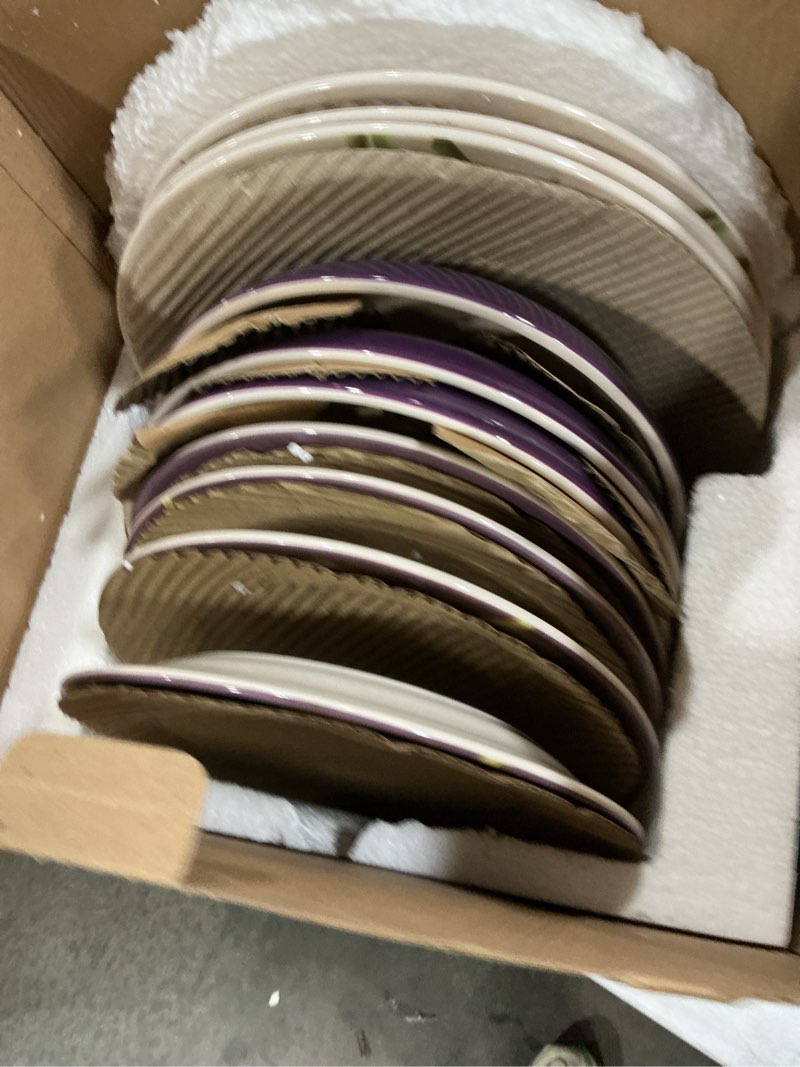Condition photo showing Good Condition for bico purple poppy ceramic 10 pcs dinnerware set, inclusive of 11 inch dinner plates, 8.75 inch salad plates and 35oz dinner bowls, for party, microwave & dishwasher safe