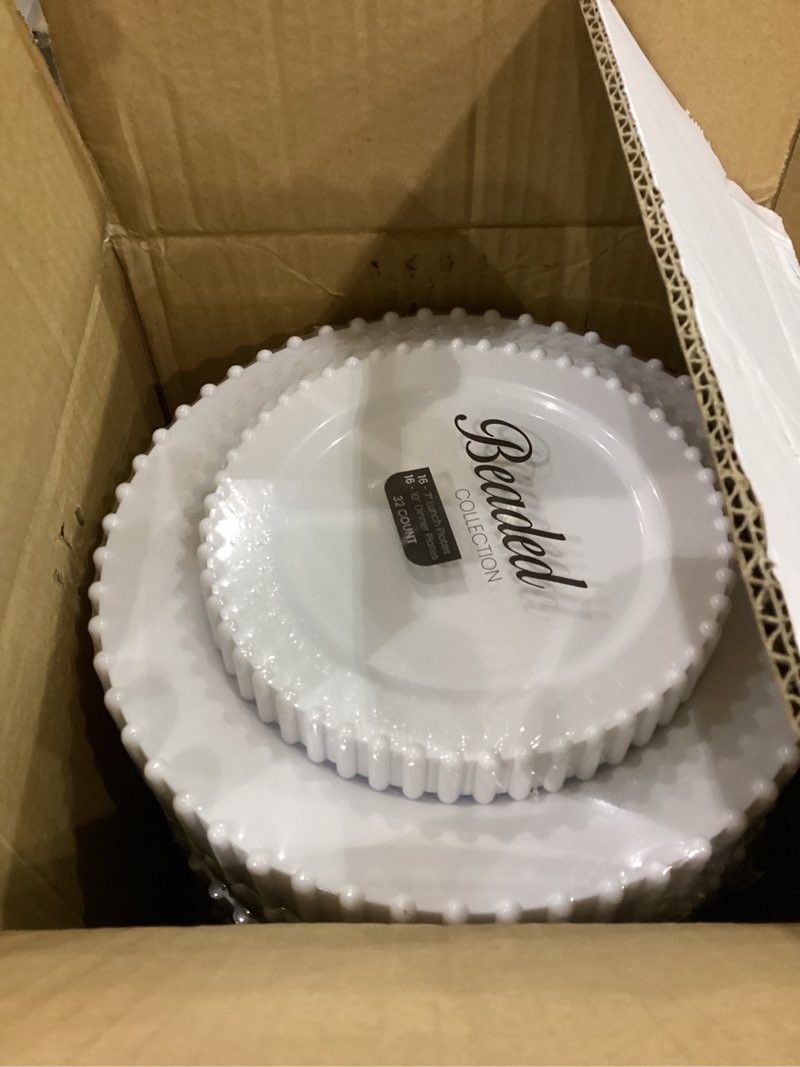 Condition photo showing New/Like New for PLASTICPRO 128 Piece Combo Plastic Dinner Plates Disposable Plastic Fancy Heavy Duty Party Dishes 7 inch and 10 inch, White Beaded 128 White Beaded Collection