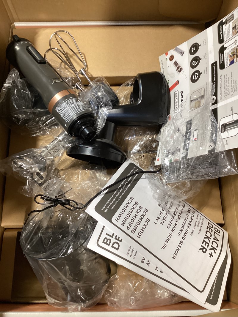 Condition photo showing As Is for black+decker kitchen wand cordless immersion blender, 4 in 1 multi tool set, hand blender with charging dock, grey (bckm1014k01)