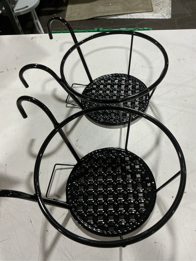 Condition photo showing Good Condition for 2 hanging flower pot holders, iron hanging railings, metal fence plant pot holder, flower plant stand with hooks, home decor, indoor and outdoor