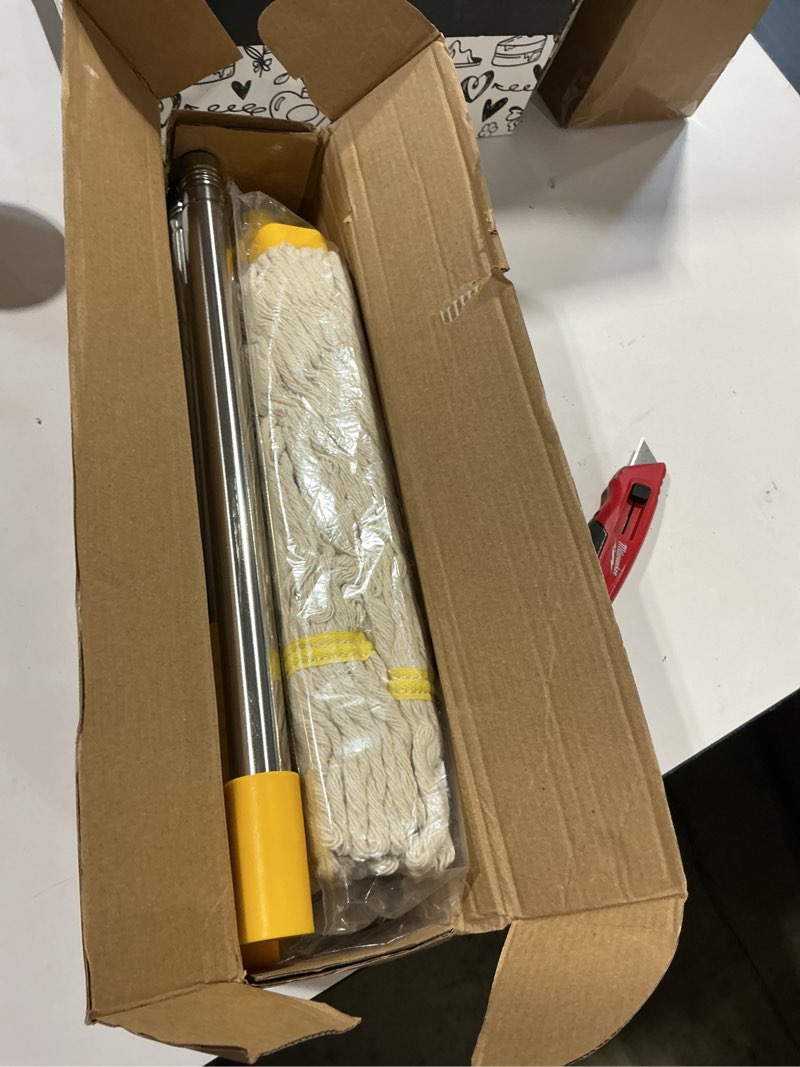 Condition photo showing Good Condition for indoor mop with strings for floor cleaning, cotton mops with 59” long handle household string mop for hardwood wood tile floors cleaning,1 mop handle & 1 cotton mop head yellow large