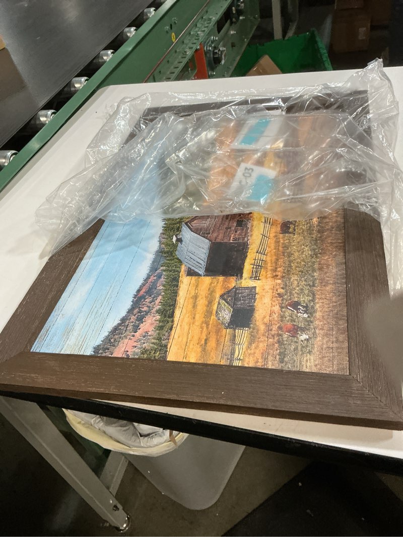 Condition photo showing Good Condition for Farmhouse Wooden Wall Art Decor: Old Country Barn Framed Picture Rustic Farm Animal Scene Painting Countryside Nature Landscape Print Artwork for Bedroom Living Room Kitchen Barn03 24"L x 16"W
