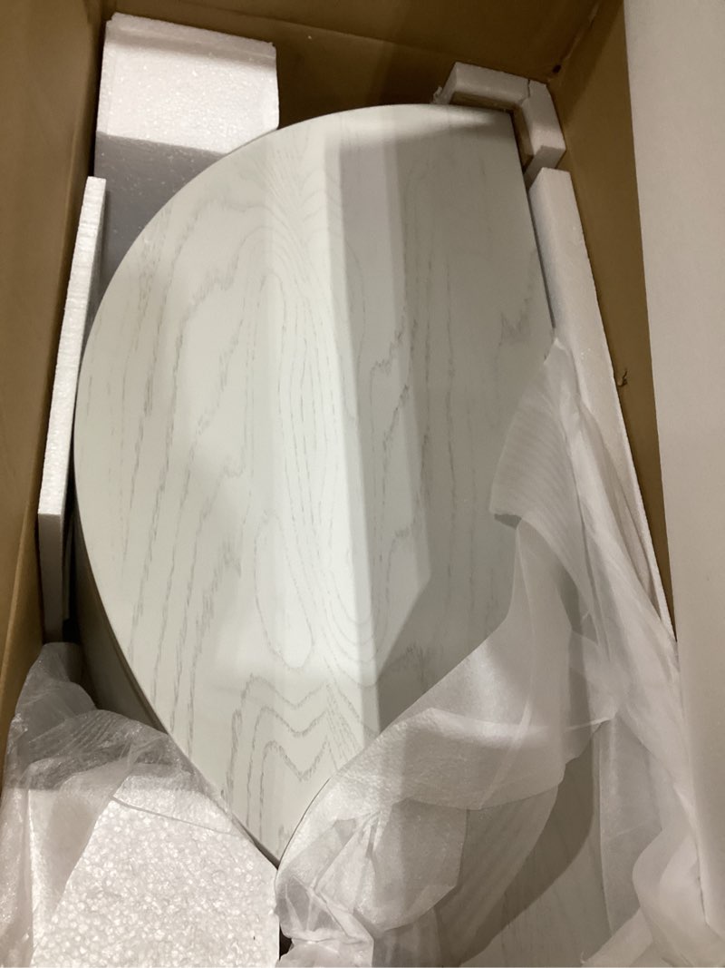 Condition photo showing Good Condition for scalloped skirt half moon table, half round console table, small entryway desk with storage for narrow spaces, modern home decor, living room furniture, solid wood with two doors whitewash oak with brass pulls