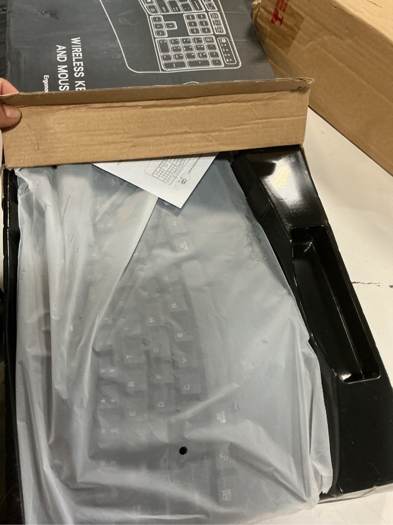 Condition photo showing Good Condition for wireless keyboard and mouse combo, 2.4g full size wave keys ergonomic keyboard with wrist rest and 3-level dpi adjustable wireless ergonomic mouse for windows, mac os desktop/laptop/pc(black)