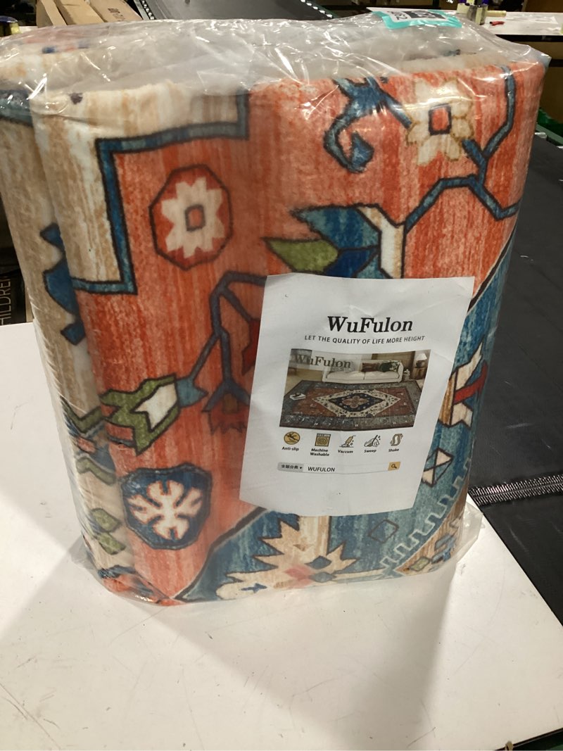 Condition photo showing New/Like New for large rugs for living room - boho machine washable 6x9 area rugs non-slip ultra-thin stain resistant rugs for dining room, oriental print low-profile soft indoor rug for bedroom zr2-washed carpet-orange 6' x 9' (rectangular)