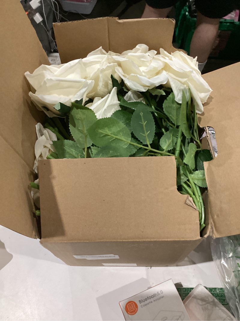 Condition photo showing As Is for 50pcs ivory roses artificial flowers bulk fake white roses silk flower with stems realistic flowers for wedding centerpiece party birthday decor