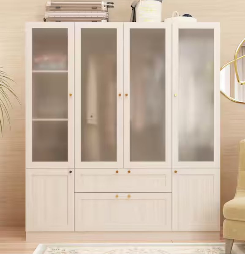 Beige Wood Grain 63 in. W Frosted Glass Doors Armoires with Hanging Rods, Drawers and Shelves 70.9 in. H x 19.7 in. D(incomplete box 2/2)