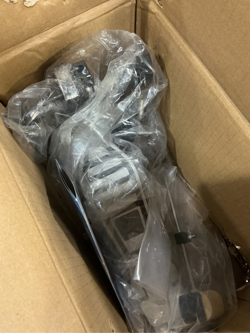 Condition photo showing New/Like New for single kick bass drum pedal, heavy-duty double chain bass pedal foot percussion hardware for intense play, fully adjustable power cam system & 4-sided beater drum set instrument (single pedal)
