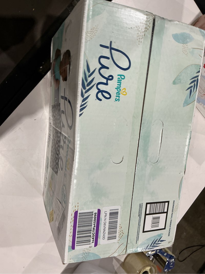 Condition photo showing As Is for pampers pure baby diapers, size 4 (22-37 lbs), 108, up to 100% leakproof, premium hypoallergenic soft diapers size 4 108